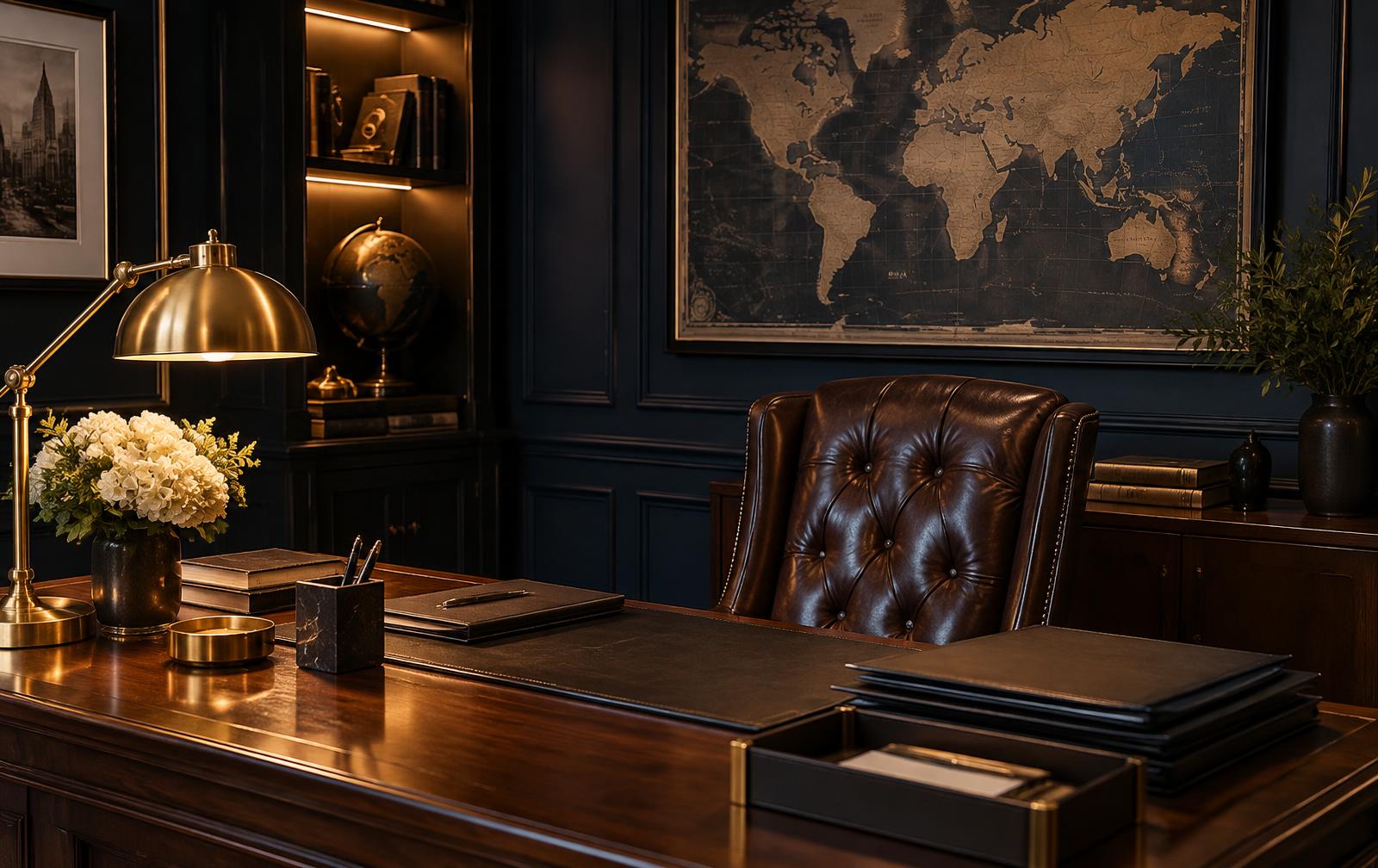 A quiet concierge office with a leather chair, brass desk lamp, and a framed world map