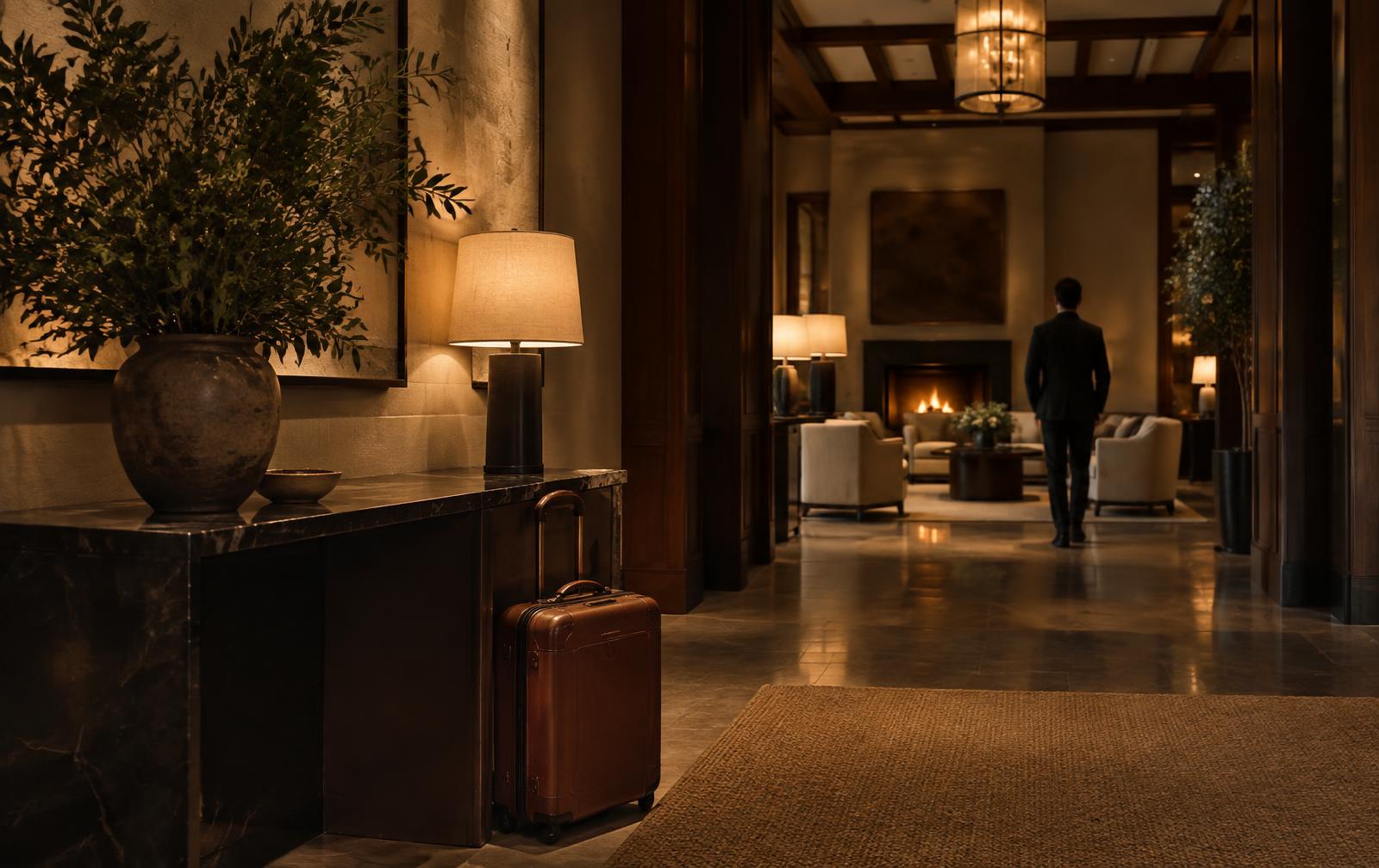 A warmly lit hotel lobby at night with a single suitcase beside a marble console