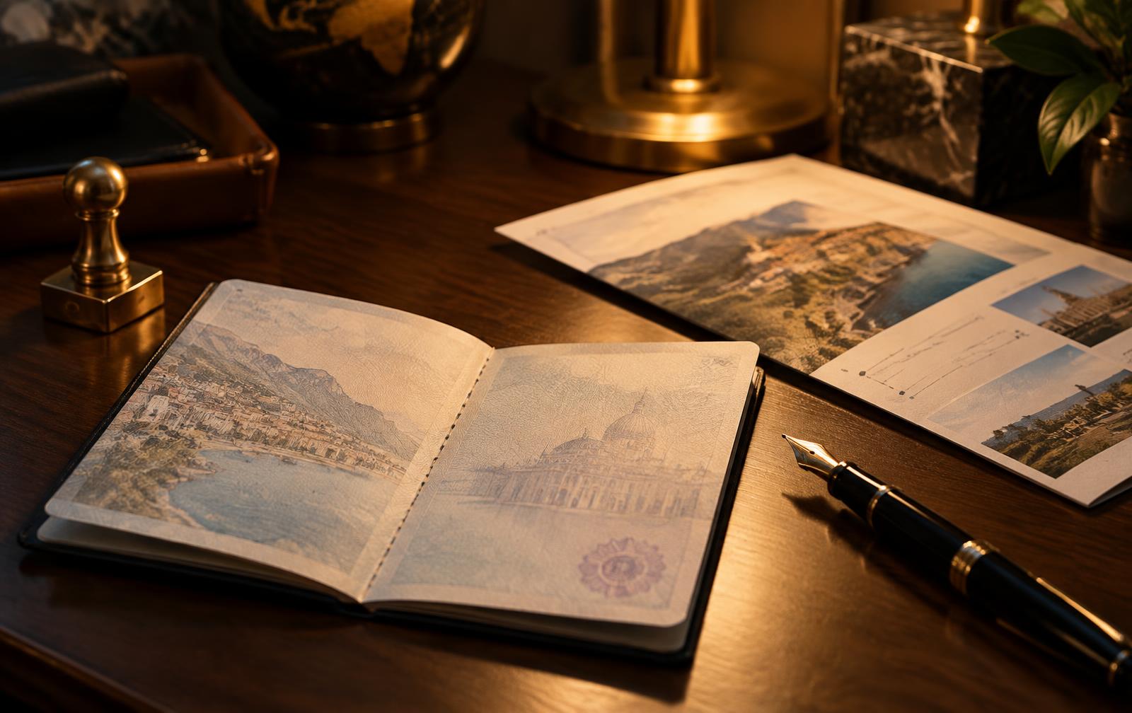 A passport, fountain pen and printed itinerary laid out on a dark wooden desk under warm lamplight