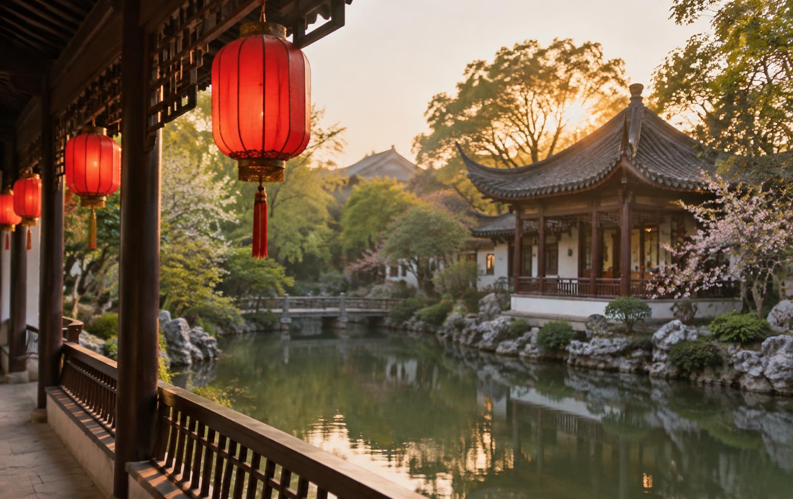 A classical Chinese garden pavilion reflected in still water at sunset